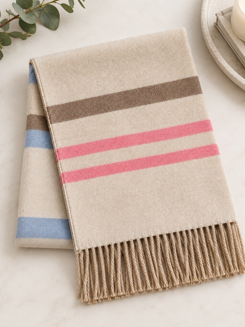 Beige Stripe Fringe Throw Blanket with Pink and Blue Accents